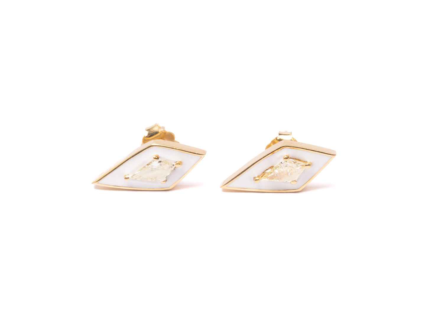 14K Gold Kite Cut Diamond + White Enamel Valley Girl Stud Earrings