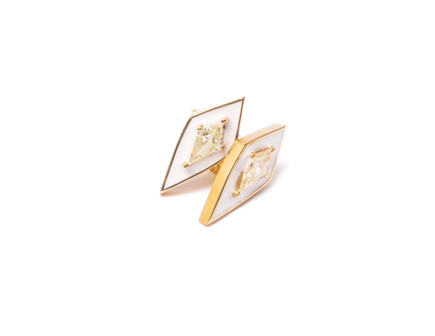 14K Gold Kite Cut Diamond + White Enamel Valley Girl Stud Earrings