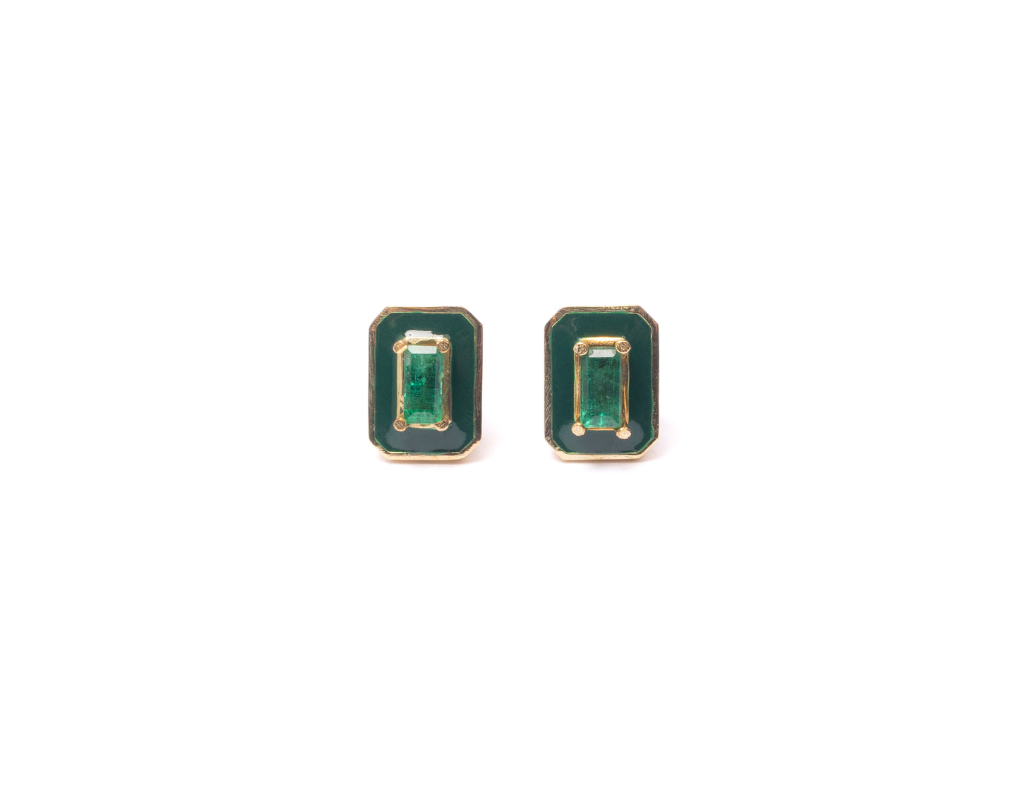 14K Gold Emerald Baguette + Green Enamel Valley Girl Stud Earrings