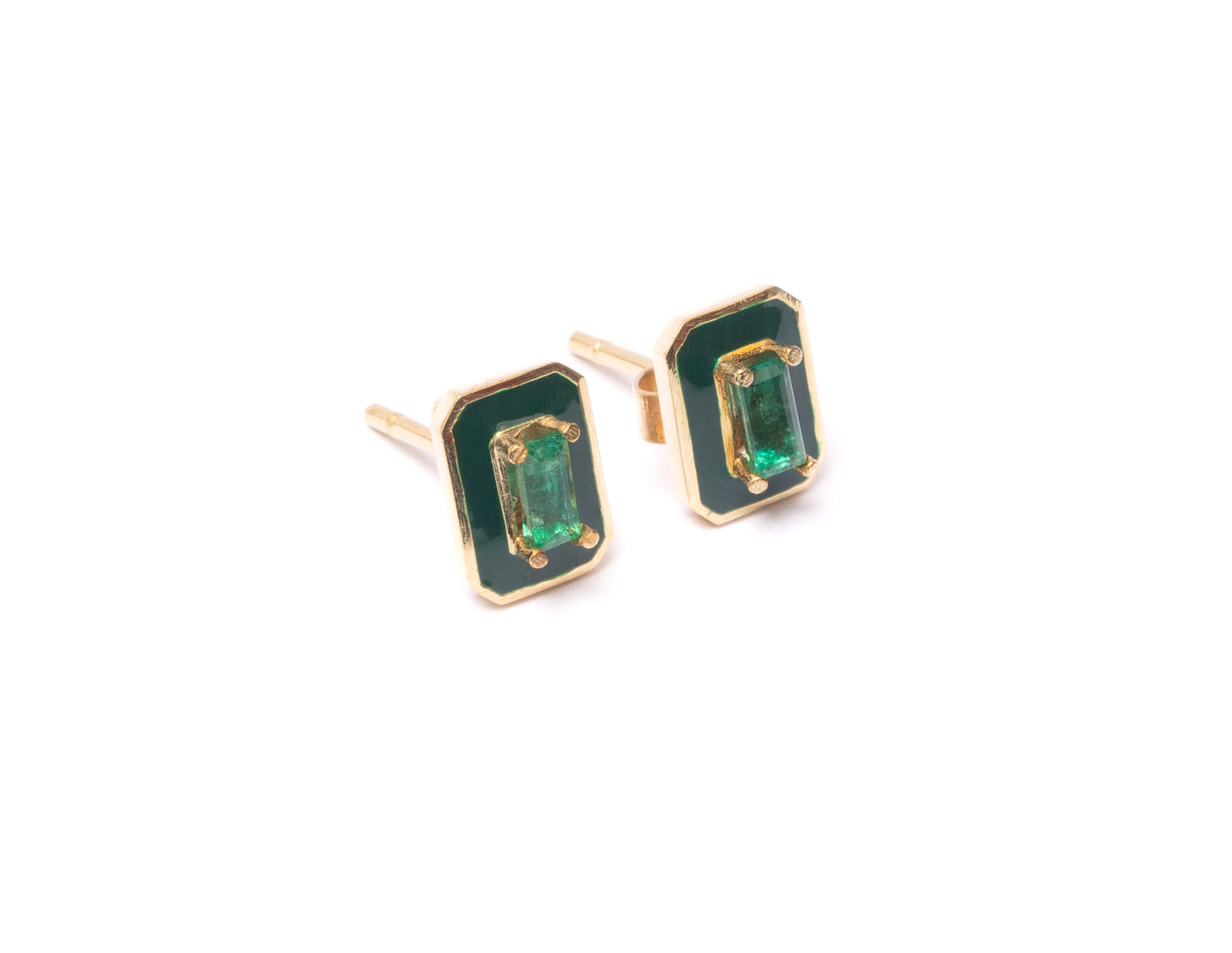 14K Gold Emerald Baguette + Green Enamel Valley Girl Stud Earrings