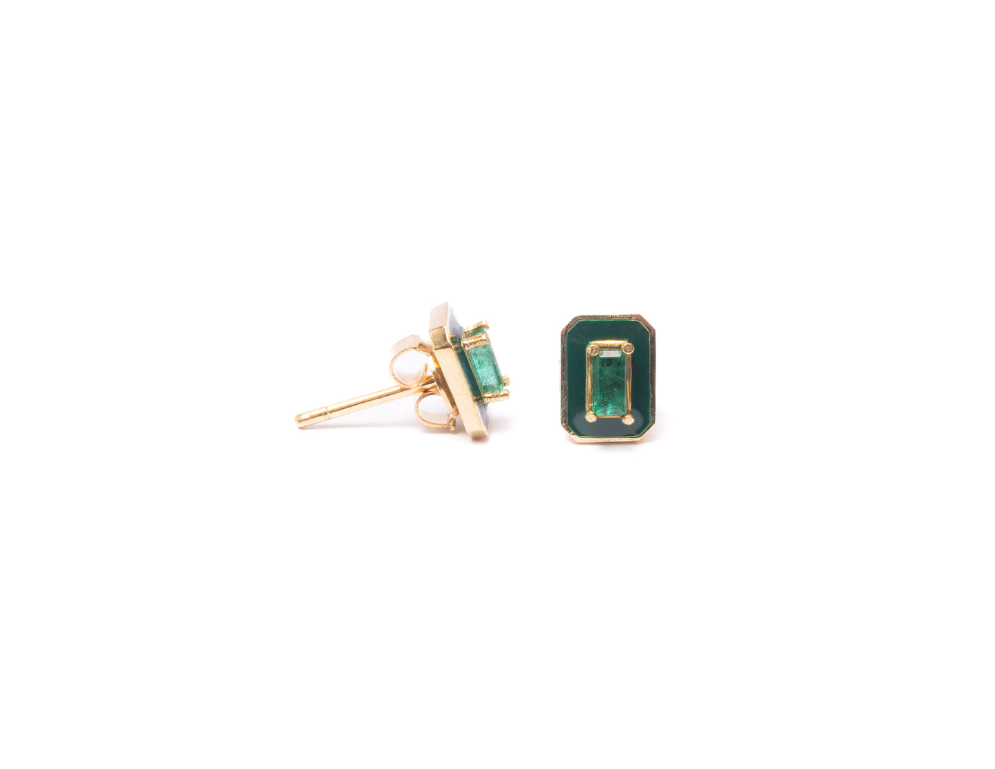 14K Gold Emerald Baguette + Green Enamel Valley Girl Stud Earrings