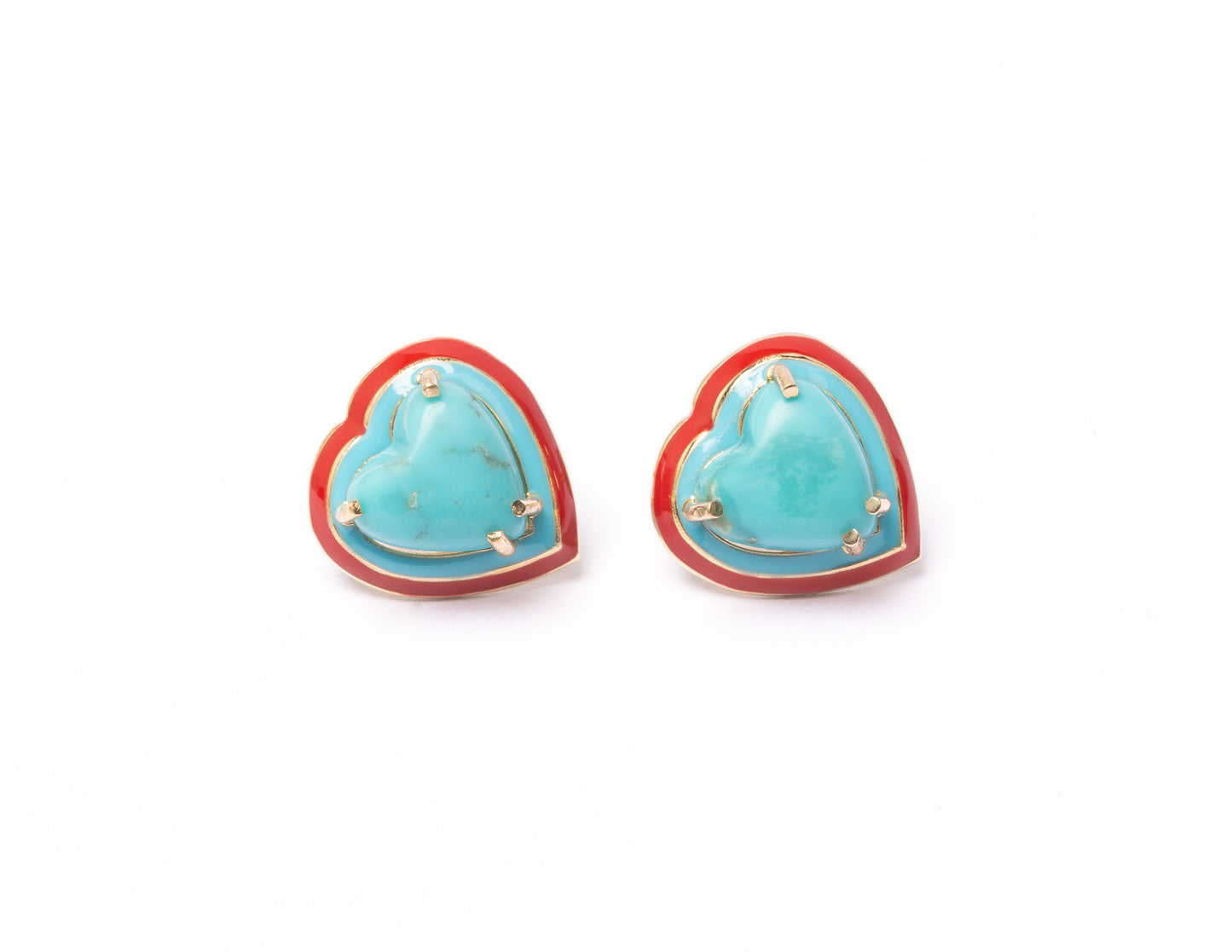 14K Gold Turquoise Heart Cabochon + Red // Turquoise Enamel Sweetheart Stud Earrings