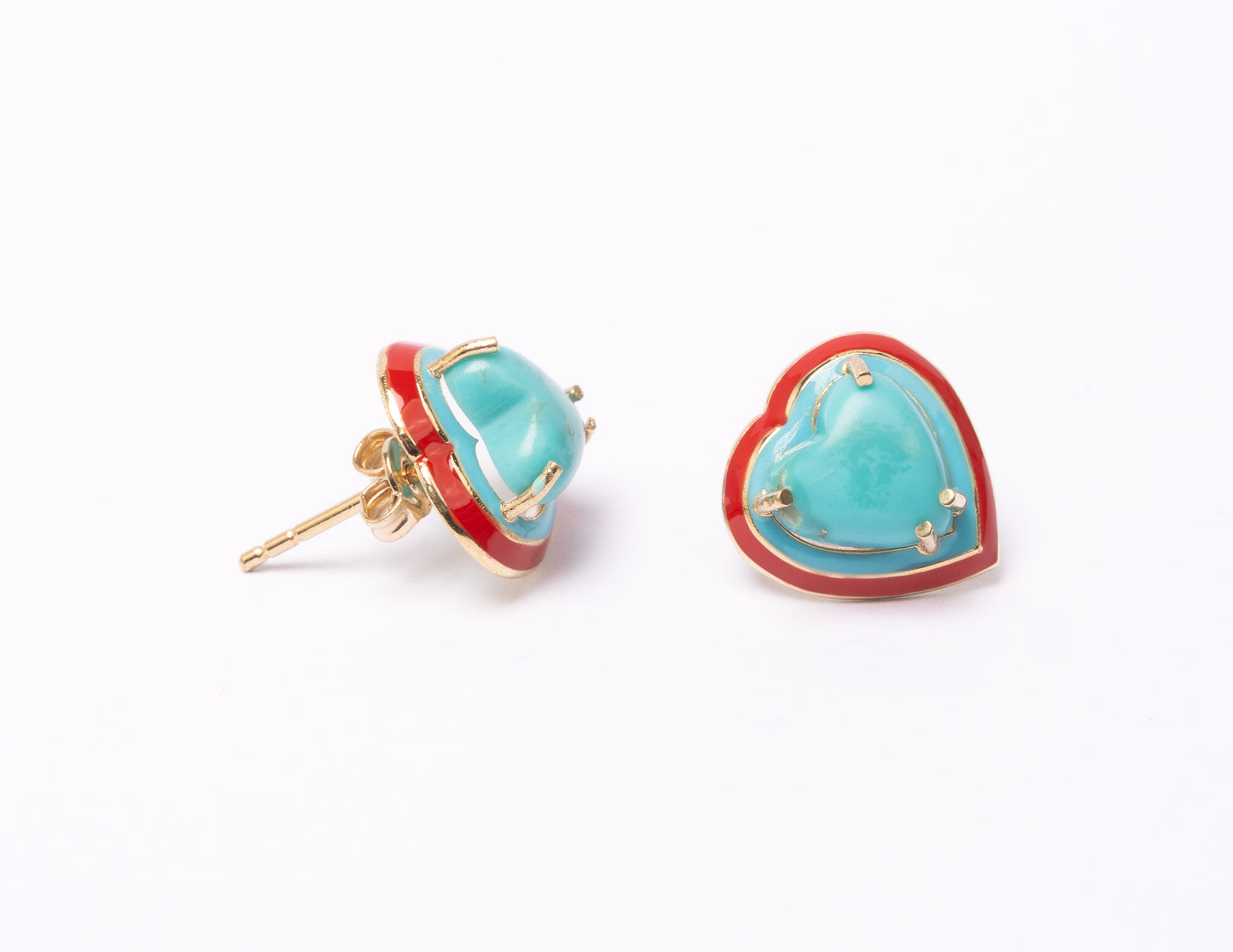 14K Gold Turquoise Heart Cabochon + Red // Turquoise Enamel Sweetheart Stud Earrings