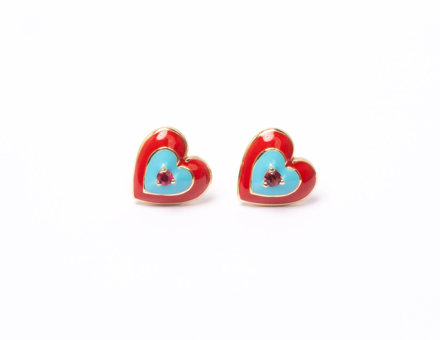 14K Gold Red Spinel + Turquoise // Red Enamel Sweetheart Stud Earrings