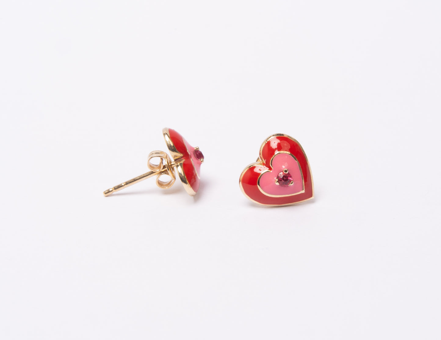 14K Gold Red Spinel + Pink // Red Enamel Sweetheart Stud Earrings