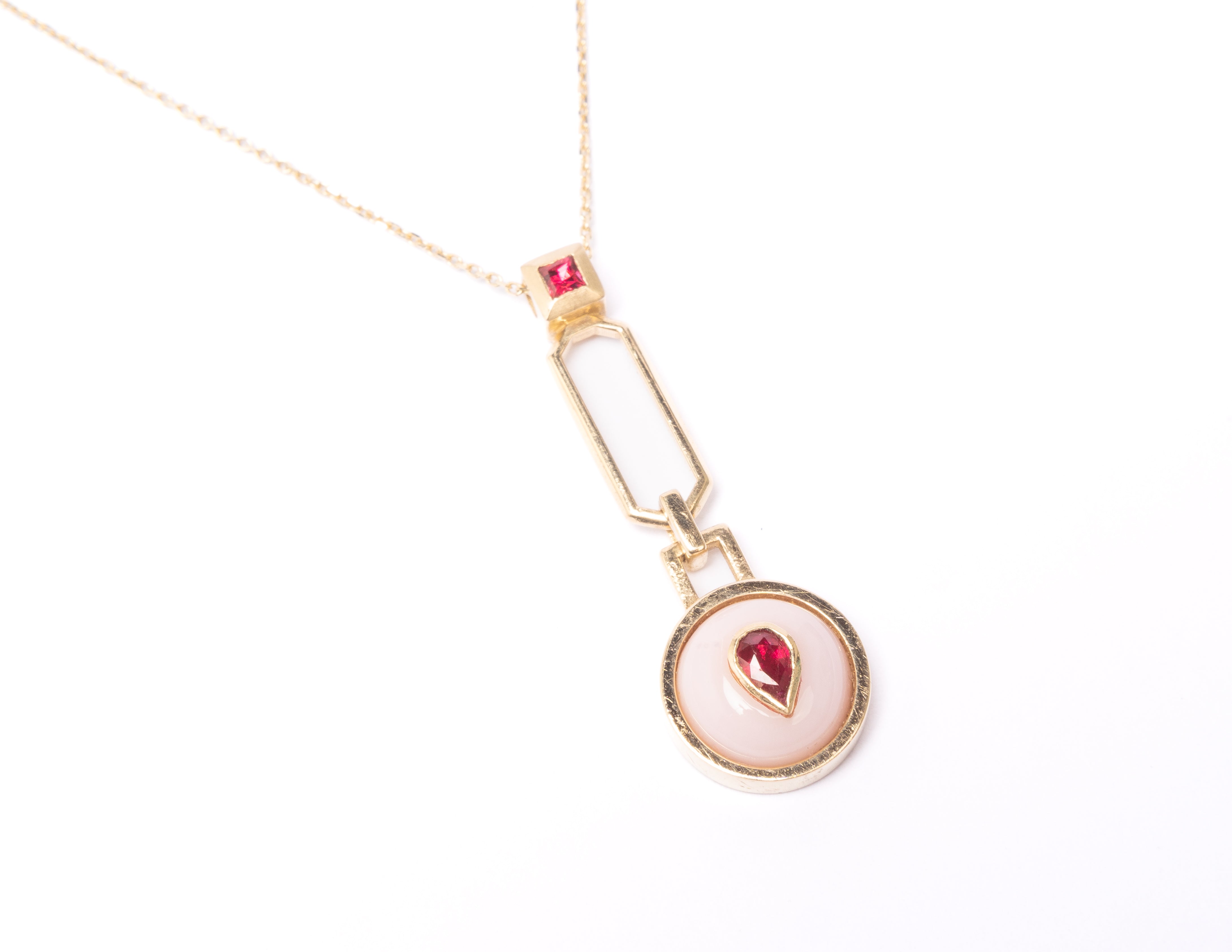 14K Gold Ruby + Pink Opal + Neon Pink Spinel Pendant Necklace