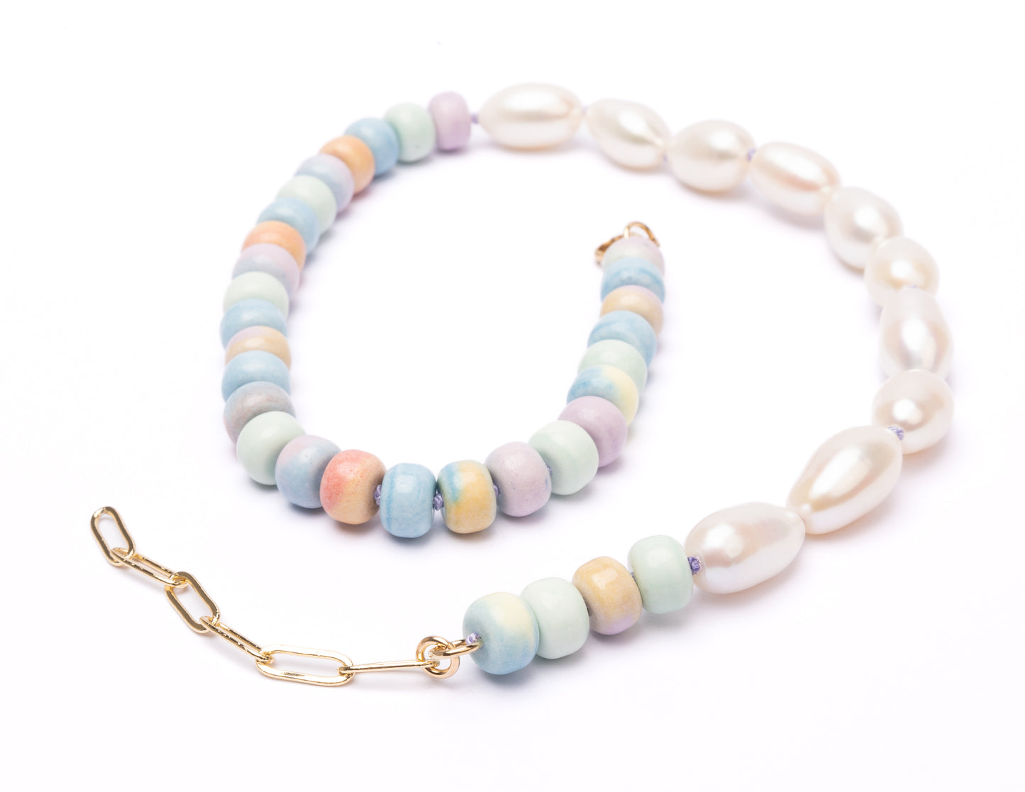 Retro Ombré Pastel Rainbow + Freshwater Pearl Tie Dyed Gemstone Moi et Toi Candy Necklace