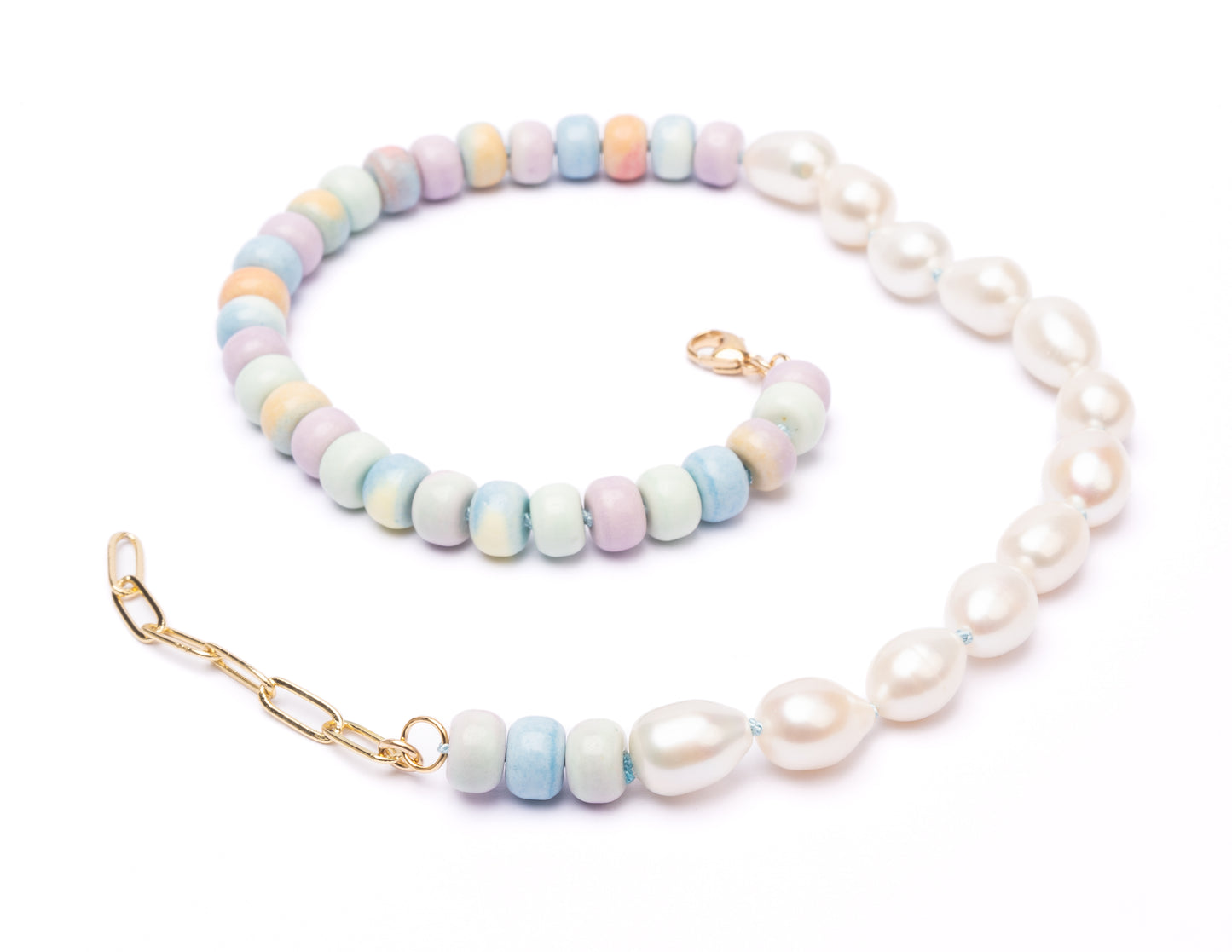 Retro Ombré Pastel Rainbow + Freshwater Pearl Tie Dyed Gemstone Moi et Toi Candy Necklace