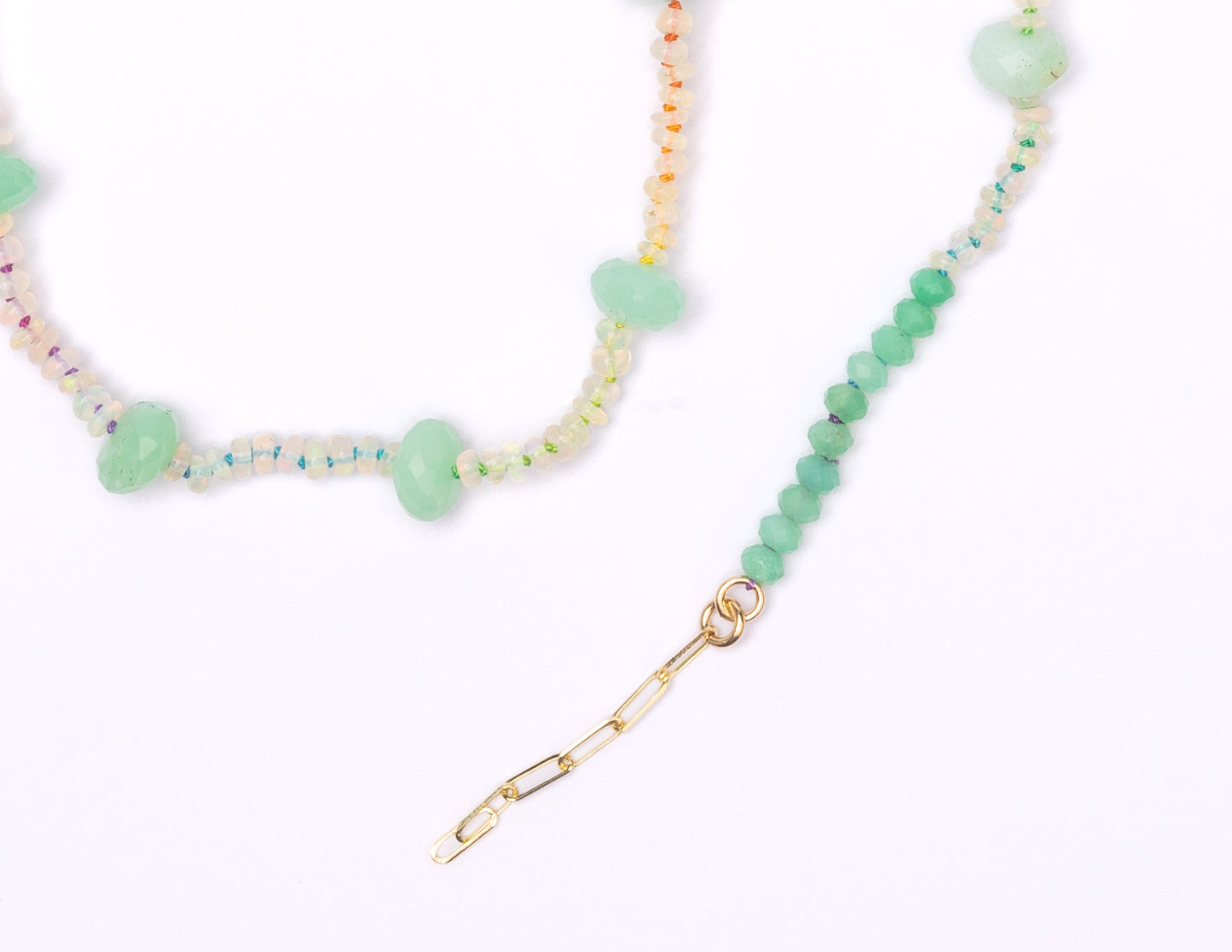 14K Gold Ethiopian Opal + Mint Green Chrysoprase Rainbow Hand-Knotted Silk Tennis Necklace