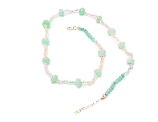 14K Gold Ethiopian Opal + Mint Green Chrysoprase Rainbow Hand-Knotted Silk Tennis Necklace