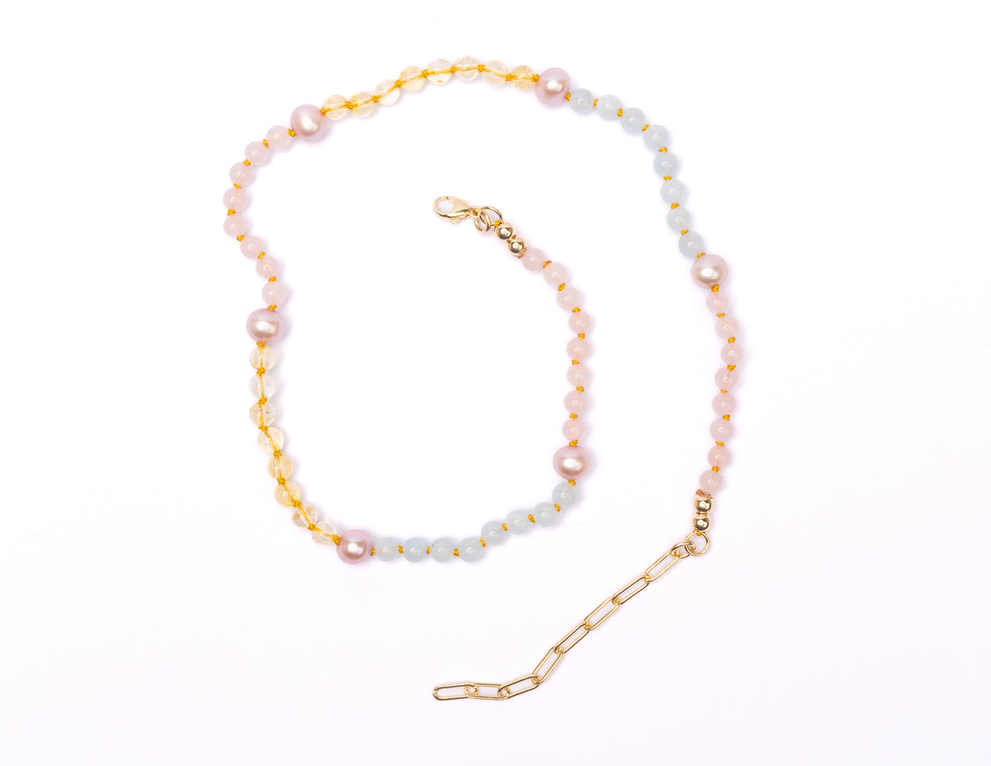 Aquamarine, Rose Quartz, Citrine + Pink Freshwater Pearl Pastel Rainbow Gemstone Tennis Necklace