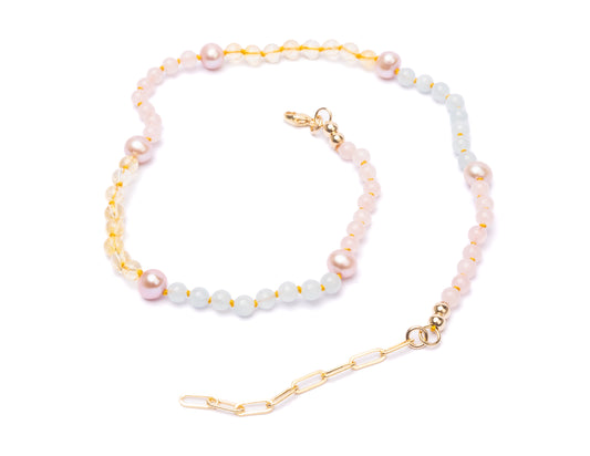 Aquamarine, Rose Quartz, Citrine + Pink Freshwater Pearl Pastel Rainbow Gemstone Tennis Necklace
