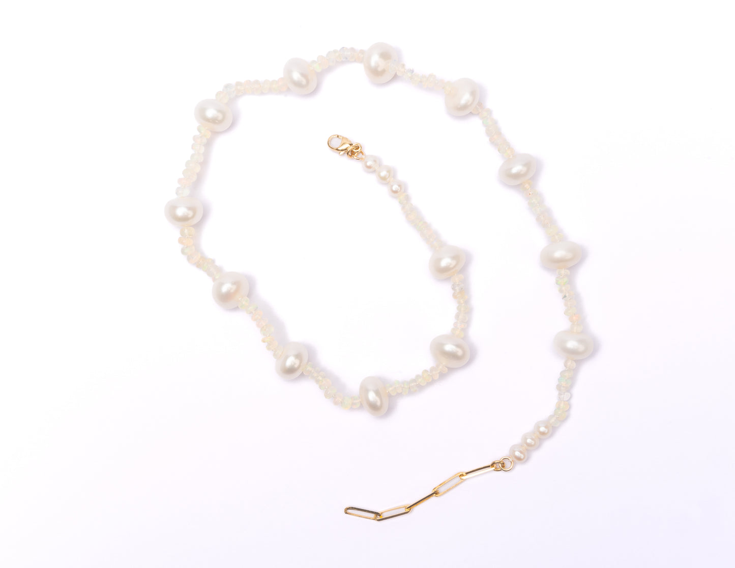 14K Gold Ethiopian Opal + Freshwater Pearl Tennis Necklace