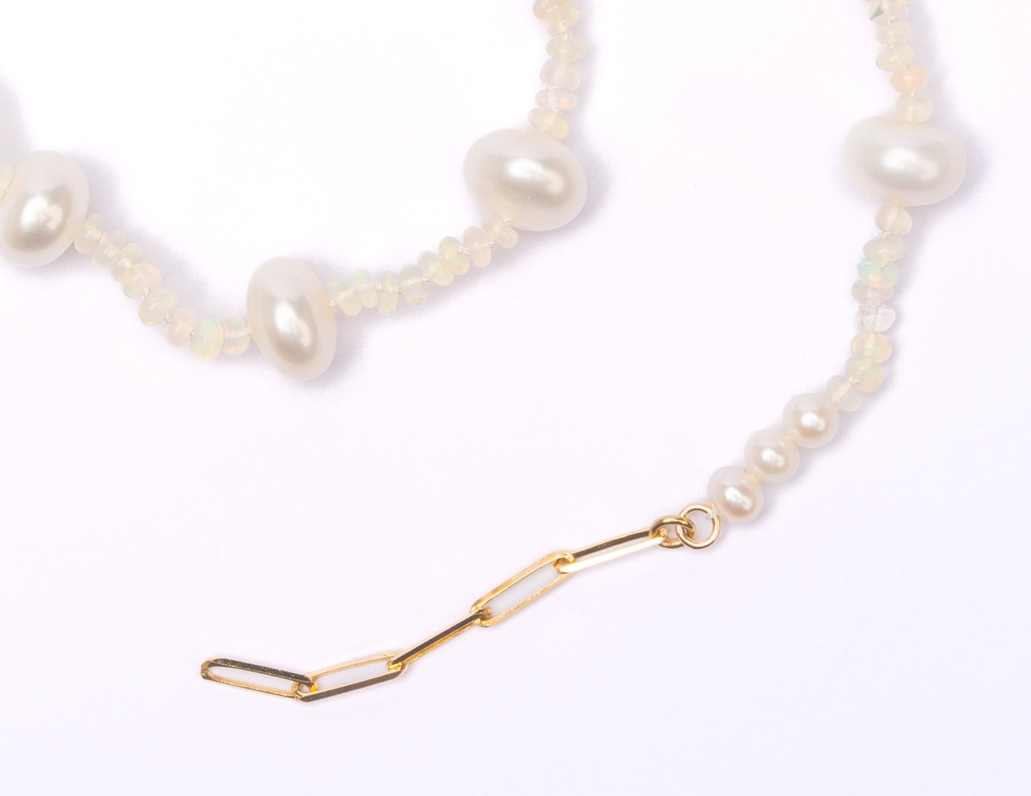 14K Gold Ethiopian Opal + Freshwater Pearl Tennis Necklace