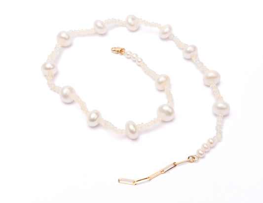 14K Gold Ethiopian Opal + Freshwater Pearl Tennis Necklace