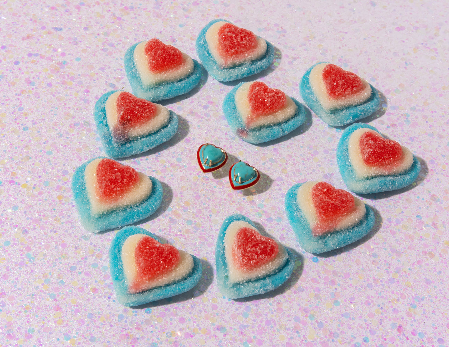 14K Gold Turquoise Heart Cabochon + Red // Turquoise Enamel Sweetheart Stud Earrings