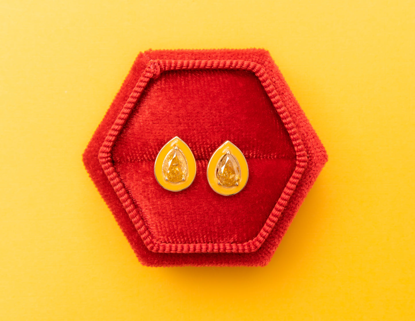 14K Gold Teardrop Fancy Yellow Diamonds + Marigold Enamel Valley Girl Stud Earrings