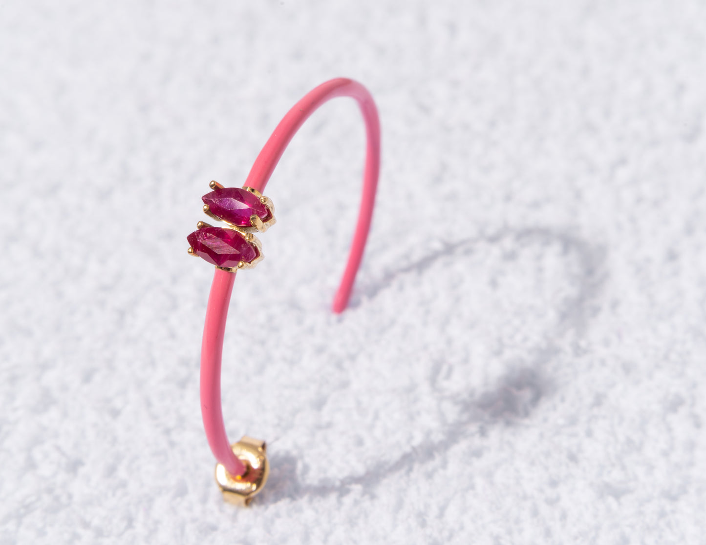 14K Gold Marquise Cut Ruby + Pink Enamel Valley Girl Hoop Earrings