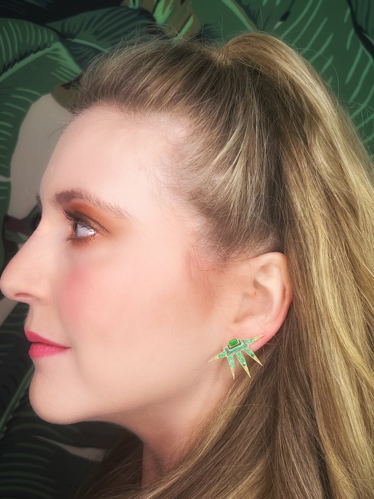 14K Gold Emerald + Tsavorite Garnet + Green Enamel Starburst Ear Crawler Statement Earrings