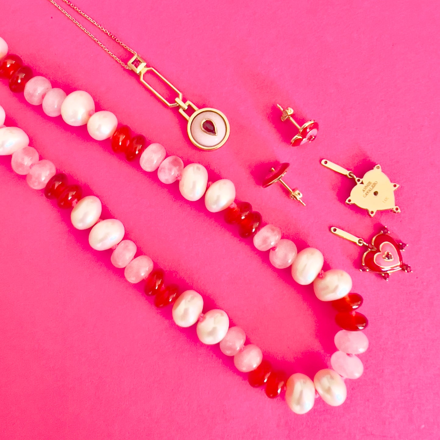 Freshwater Pearl, Rose Quartz, Carnelian + Hot Pink Hand-Knotted Silk Candy Necklace