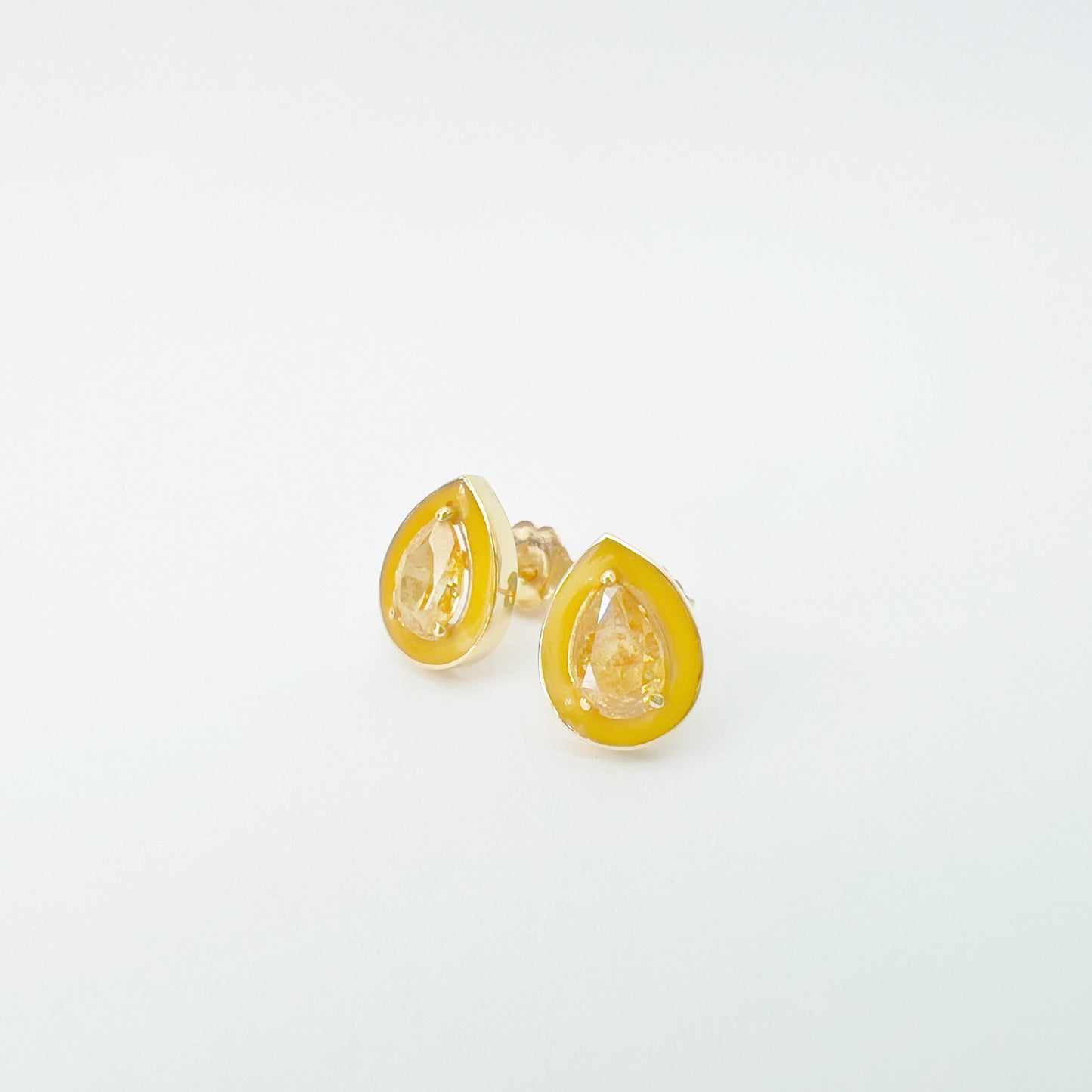 14K Gold Teardrop Fancy Yellow Diamonds + Marigold Enamel Valley Girl Stud Earrings