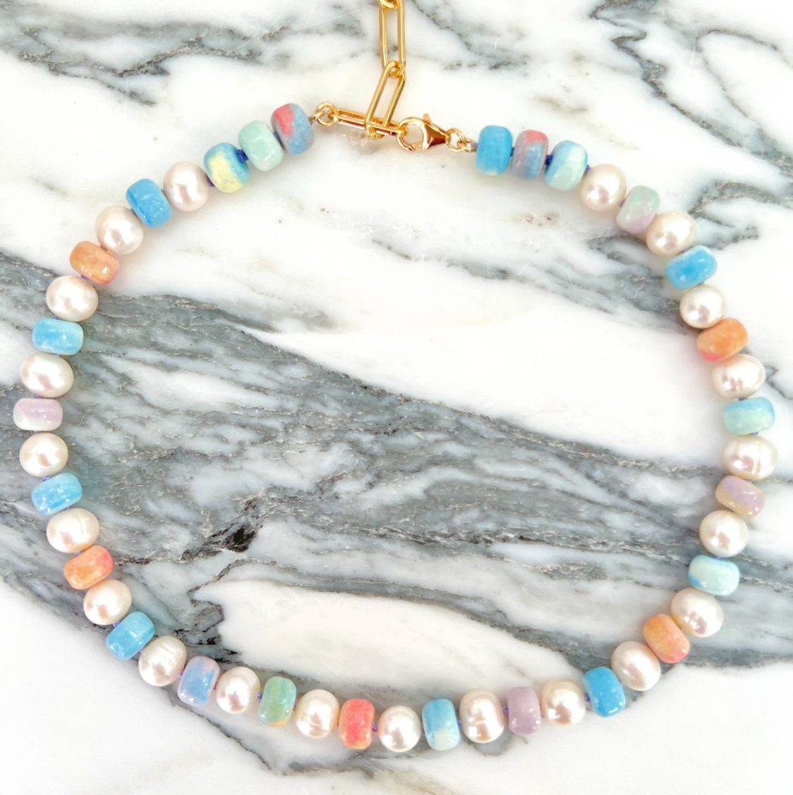 Retro Ombré Pastel Rainbow + Freshwater Pearl Tie Dyed Gemstone Candy Necklace