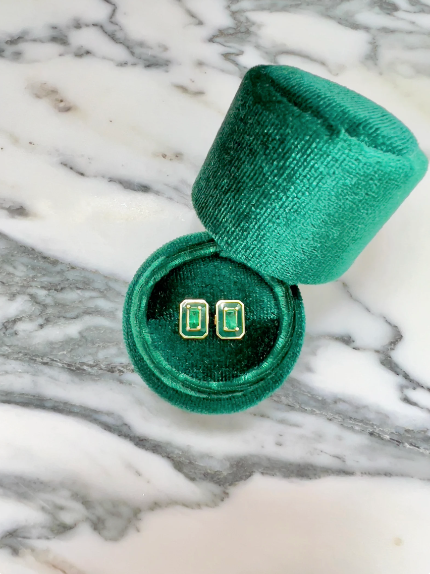 14K Gold Emerald Baguette + Green Enamel Valley Girl Stud Earrings