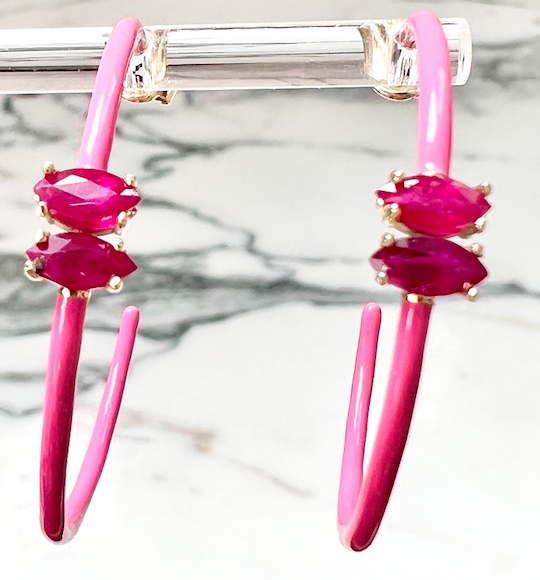 14K Gold Marquise Cut Ruby + Pink Enamel Valley Girl Hoop Earrings