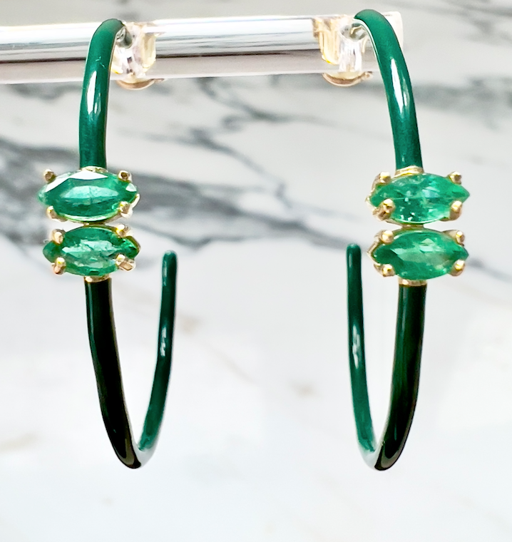 14K Gold Marquise Cut Emerald + Green Enamel Valley Girl Hoop Earrings