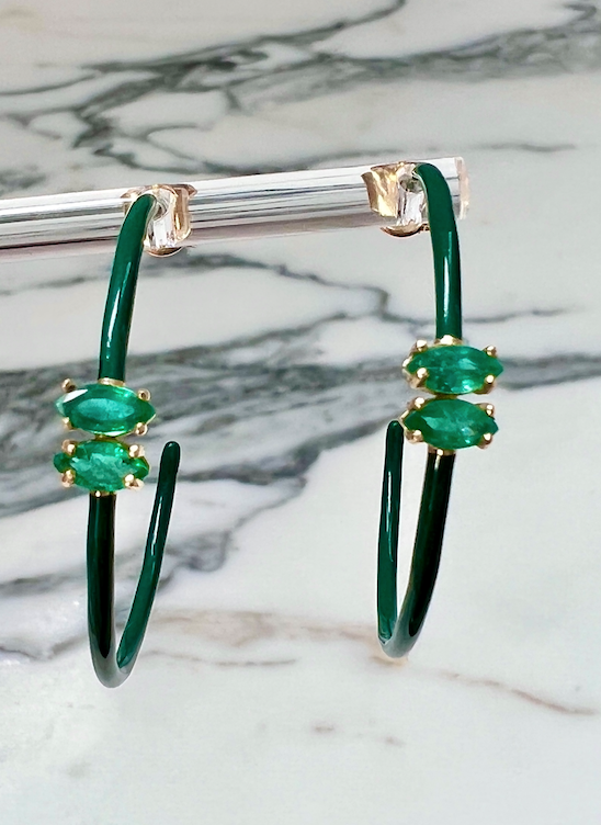 14K Gold Marquise Cut Emerald + Green Enamel Valley Girl Hoop Earrings