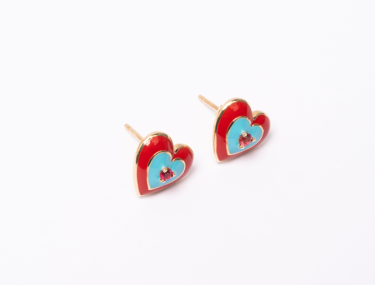 14K Gold Red Spinel + Turquoise // Red Enamel Sweetheart Stud Earrings