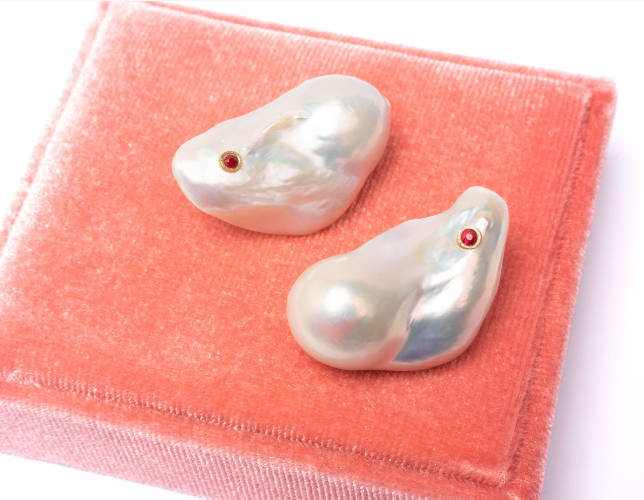 14K Gold Iridescent Pink Baroque Pearl + Red Spinel Earrings