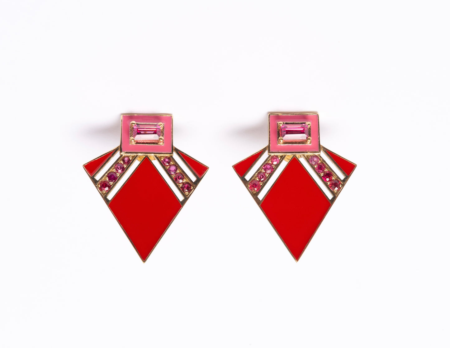 14K Gold Pink + Ombré Red Spinel Art Deco Enamel Fan Earrings