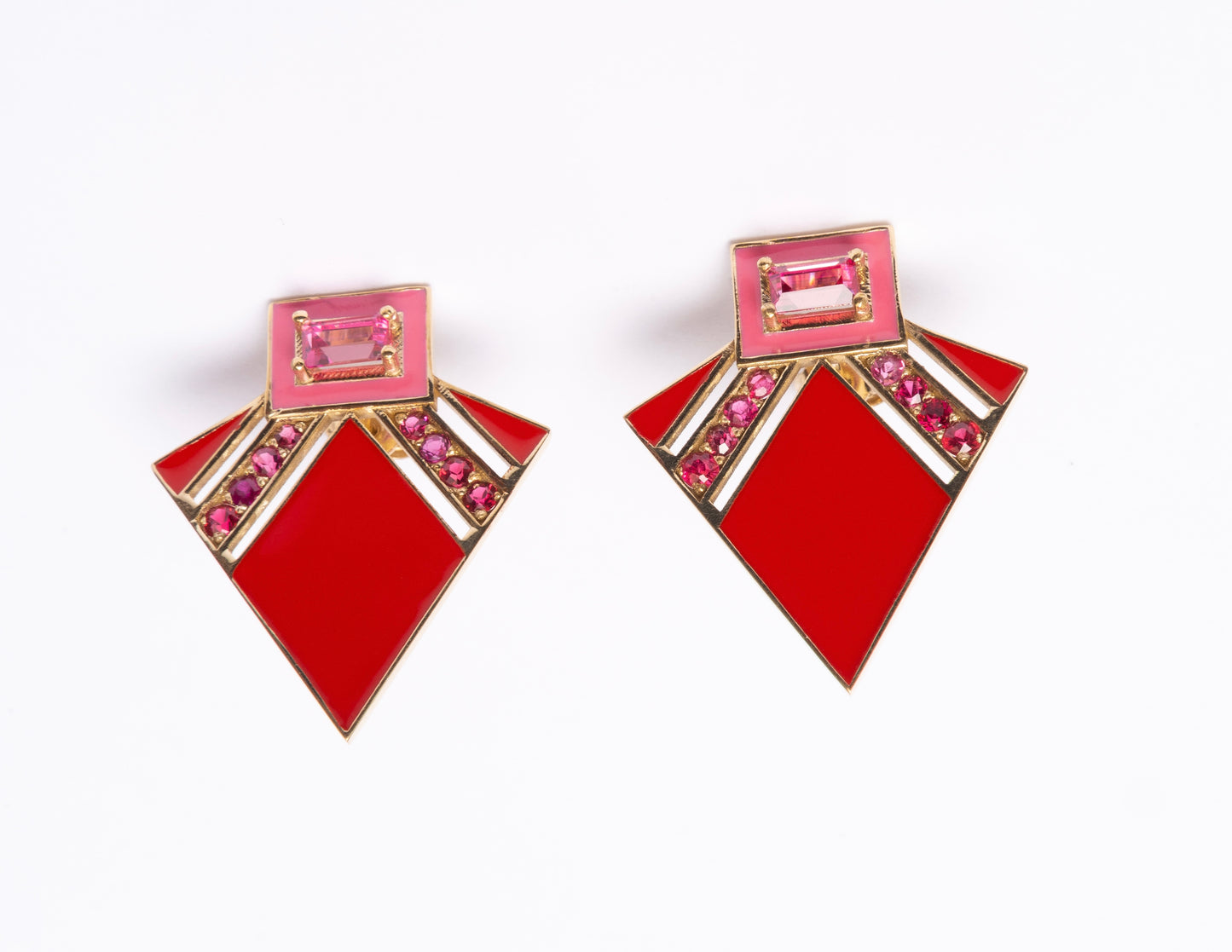 14K Gold Pink + Ombré Red Spinel Art Deco Enamel Fan Earrings