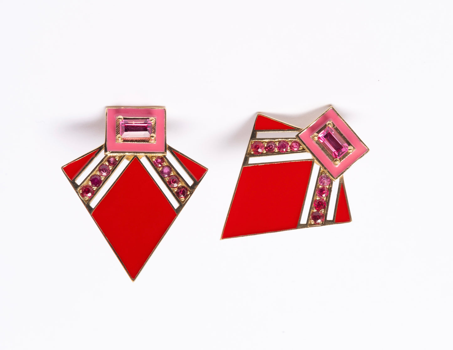 14K Gold Pink + Ombré Red Spinel Art Deco Enamel Fan Earrings